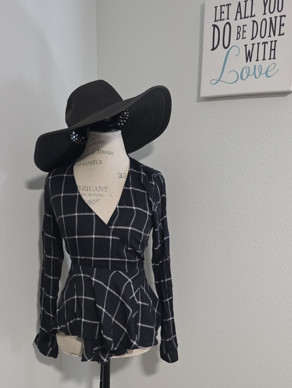 LOFT Black Windowpane Wrap-Style Blouse with Peplum Waist